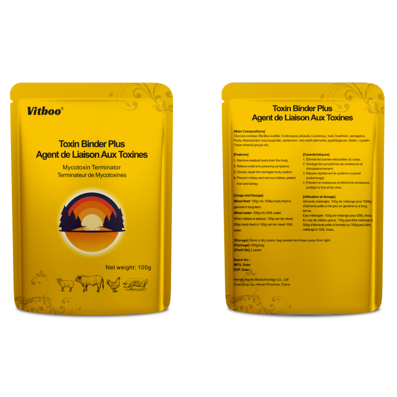 Toxin Binder Plus 100g binds feed toxins, corrects deficiencies, and supplies essential vitamins for healthier livestock.